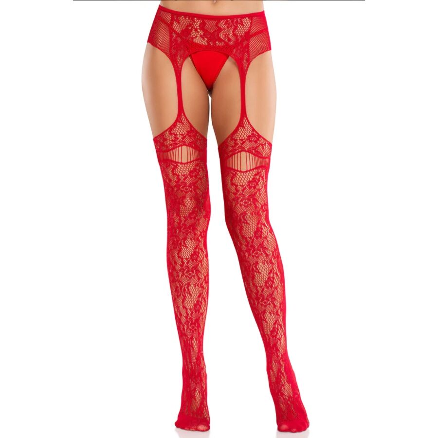 LEG AVENUE - MEDIAS DE ENCAJE CON LIGAS ROJO