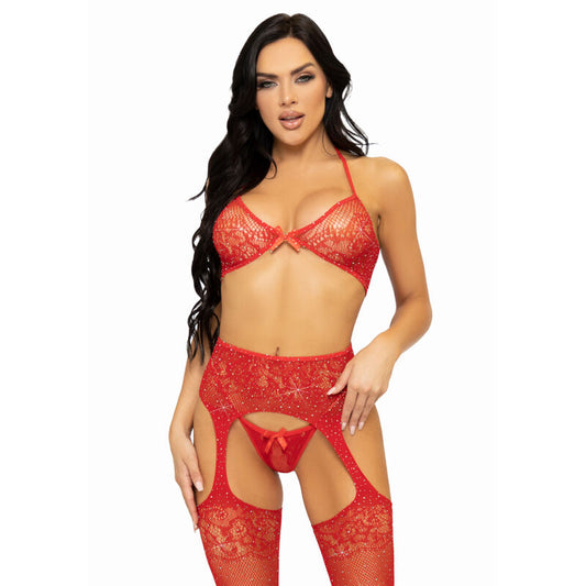 LEG AVENUE - SET TRES PIEZAS SUJETADOR, TANGA Y MEDIAS TALLA ÚNICA - NEGRO