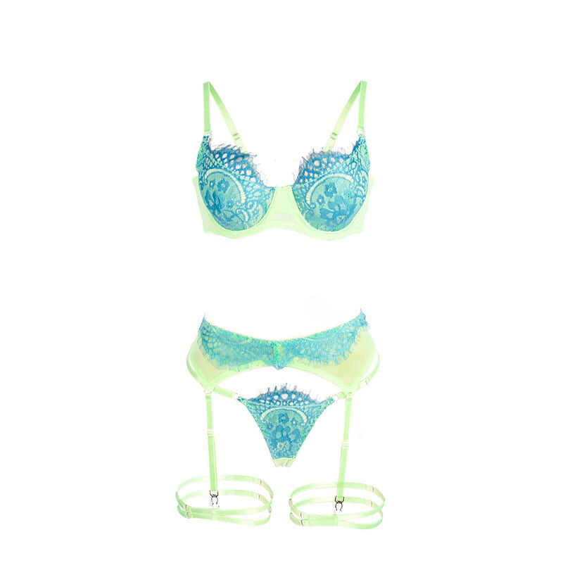 SUBBLIME - 955311 SET SUJETADOR CON ENCAJE Y LIGUEROS VERDE Y AZUL S/M