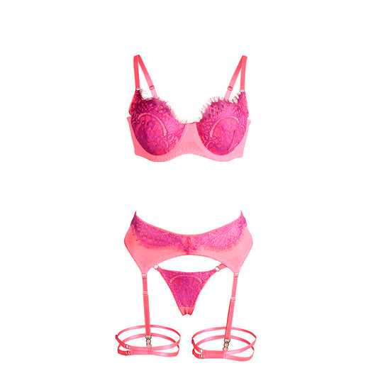 SUBBLIME - 955359 SET SUJETADOR CON ENCAJE Y LIGUEROS ROSA Y MORADO S/M